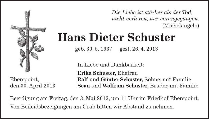 Traueranzeige Hans Dieter Schuster