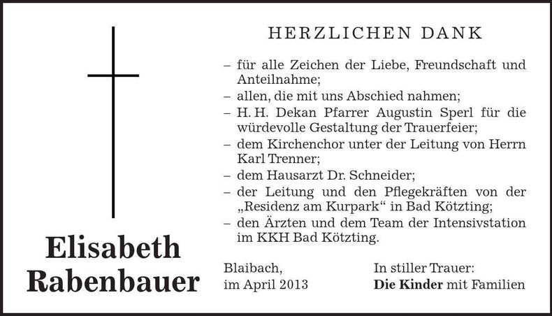 Traueranzeige Elisabeth Rabenbauer