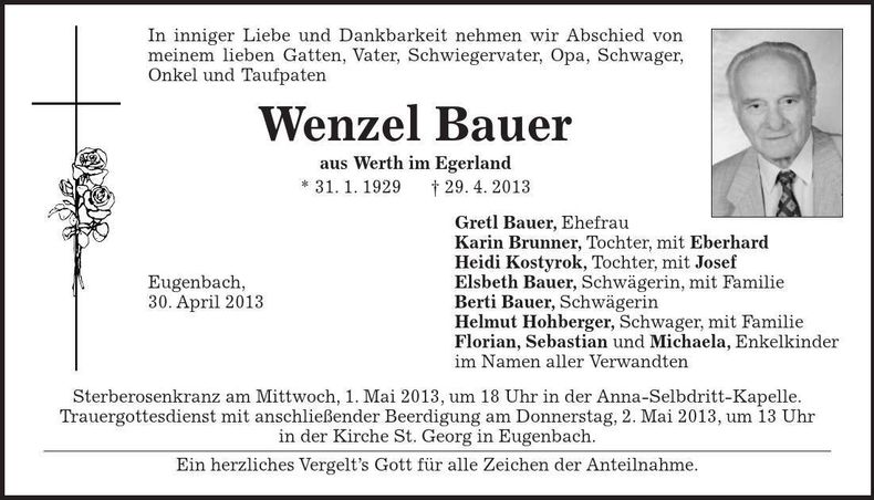 Traueranzeige Wenzel Bauer