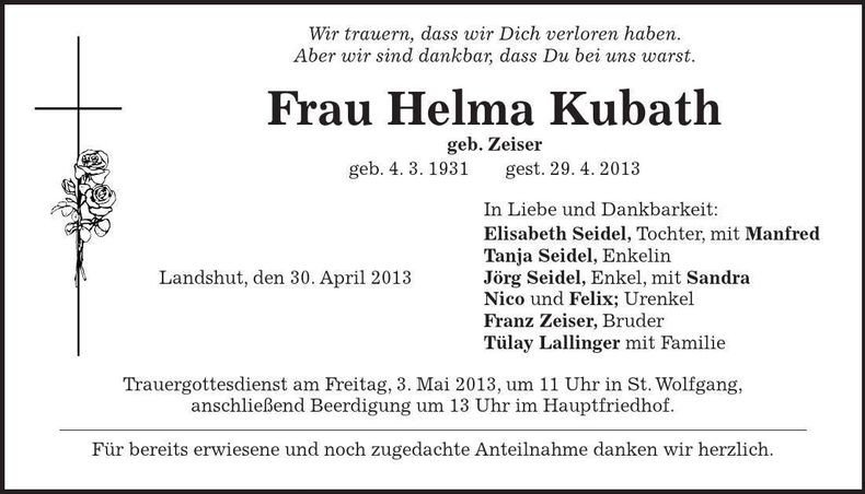 Traueranzeige Helma Kubath