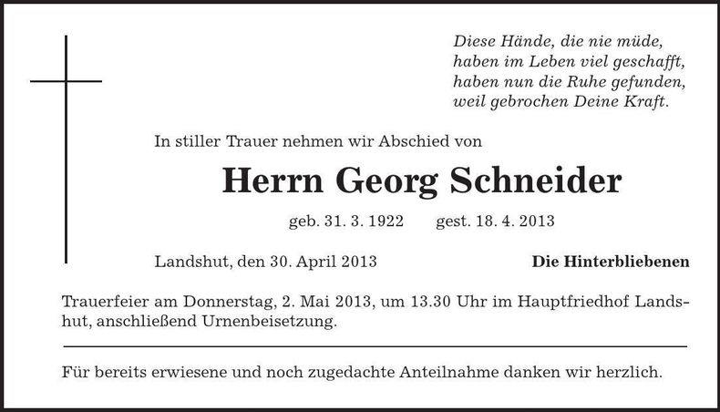 Traueranzeige Georg Schneider