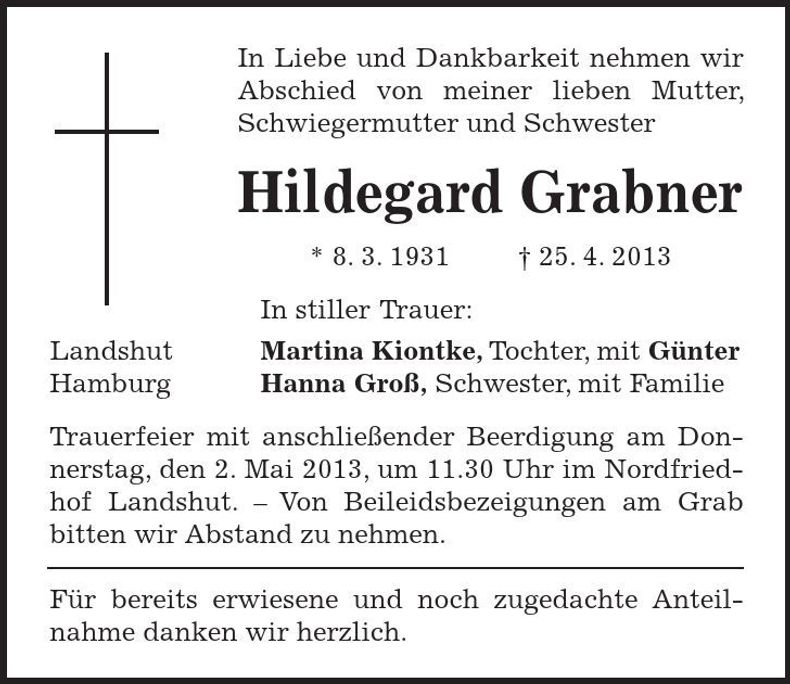 Traueranzeige Hildegard Grabner