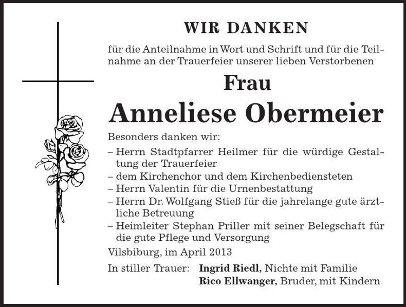 Traueranzeige Anneliese Obermeier