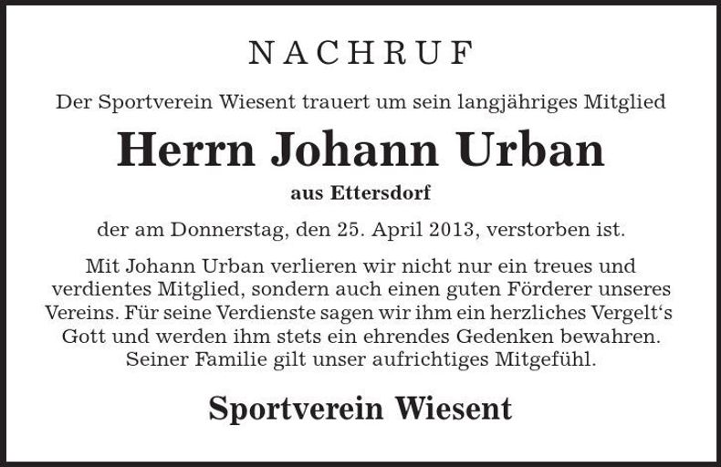 Traueranzeige Johann Urban