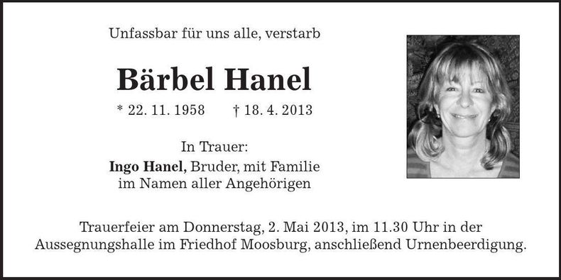 Traueranzeige Bärbel Hanel
