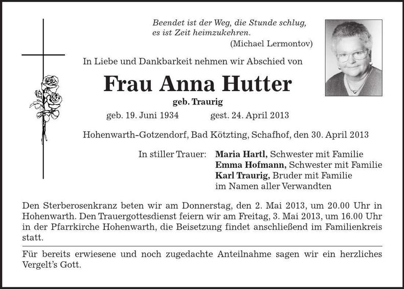 Traueranzeige Anna Hutter