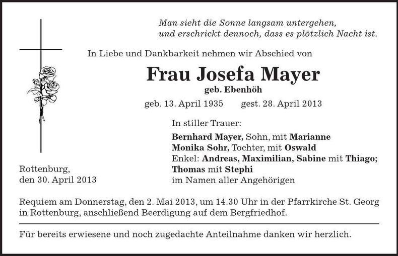 Traueranzeige Josefa Mayer