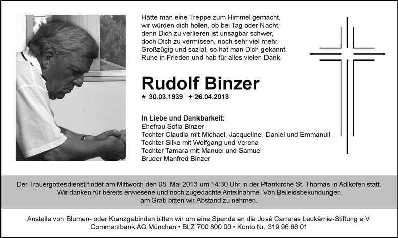 Traueranzeige Rudolf Binzer
