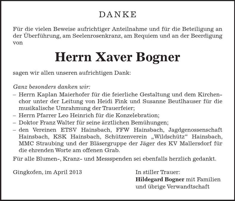 Traueranzeige Hildegard Bogner