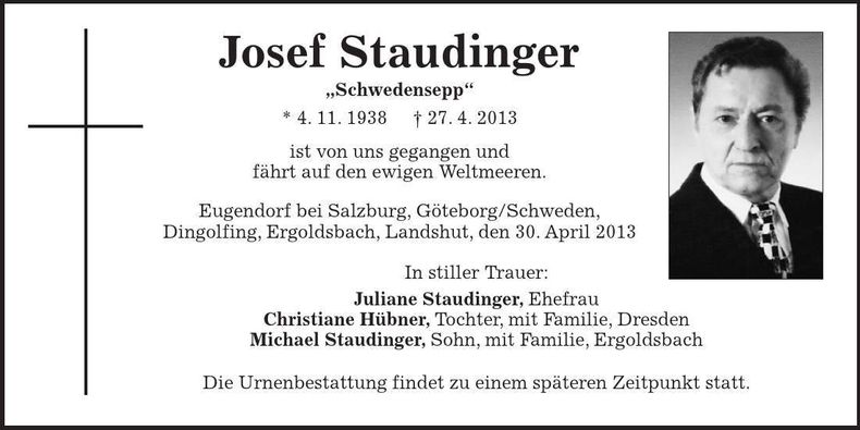 Traueranzeige Josef Staudinger