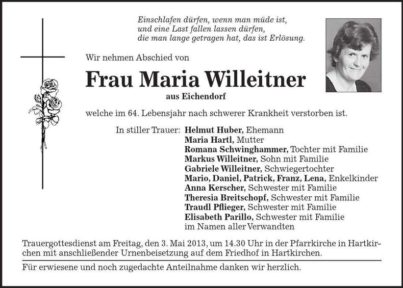 Traueranzeige Maria Willeitner
