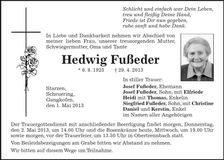 Traueranzeige Hedwig Fußeder