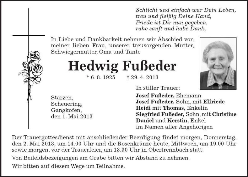 Traueranzeige Hedwig Fußeder