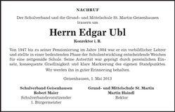 Traueranzeige Edgar Ubl