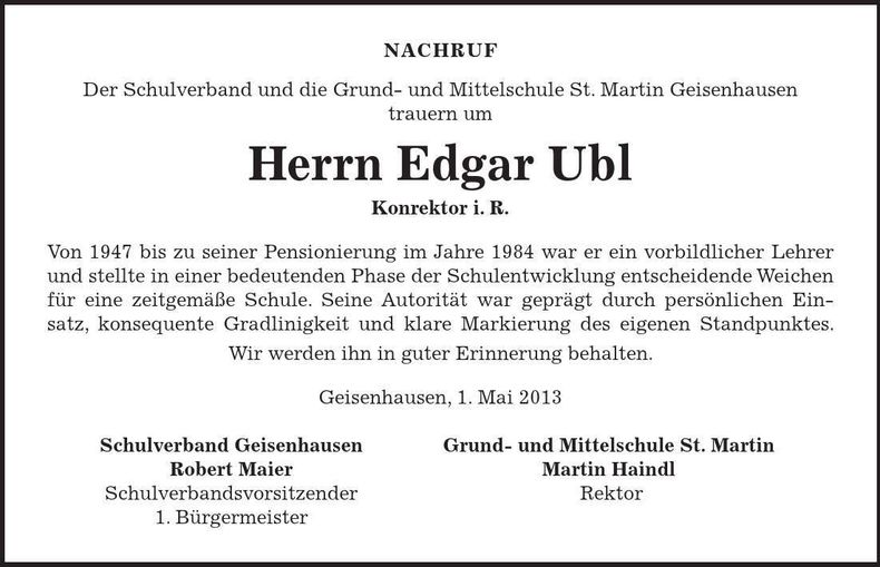 Traueranzeige Edgar Ubl