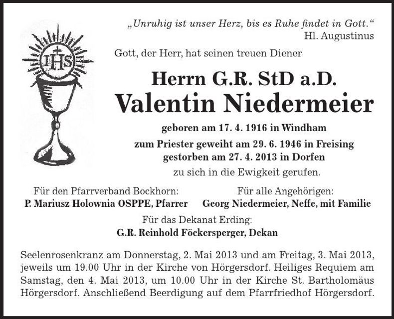 Traueranzeige Valentin Niedermeier