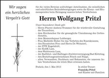 Traueranzeige Wolfgang Pritzl