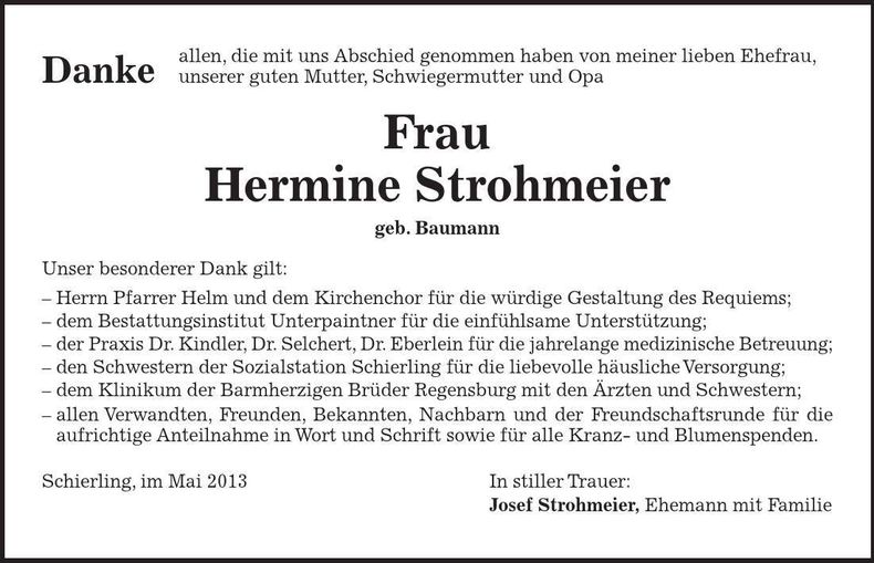 Traueranzeige Hermine Strohmeier