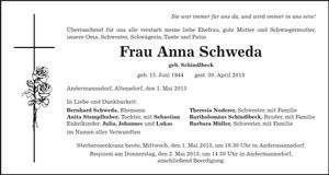 Traueranzeige Anna Schweda