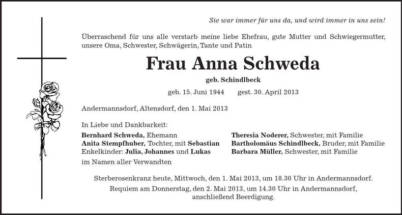 Traueranzeige Anna Schweda