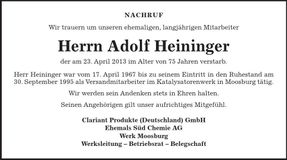 Traueranzeige Adolf Heininger