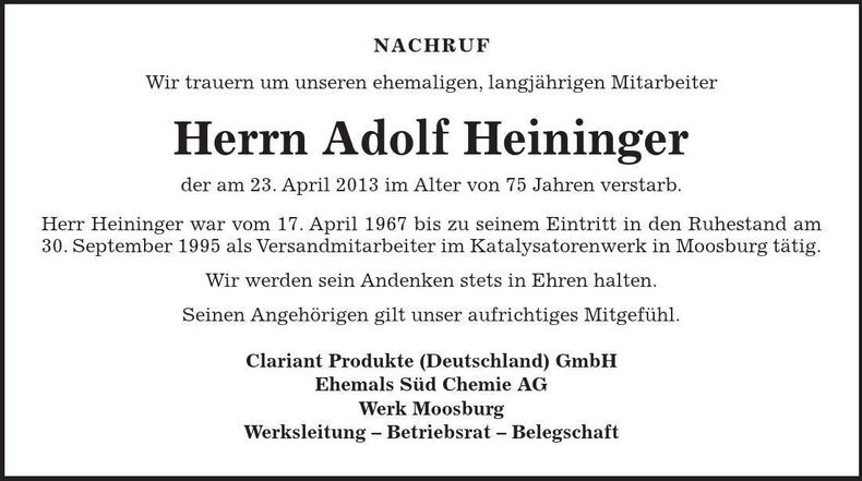 Traueranzeige Adolf Heininger