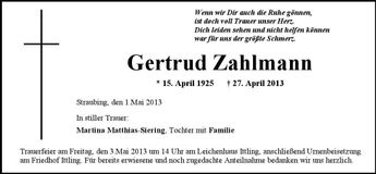 Traueranzeige Gertrud Zahlmann