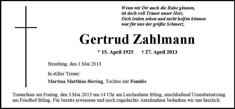 Traueranzeige Gertrud Zahlmann