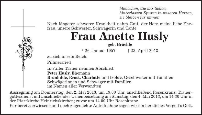 Traueranzeige Anette Hulsy