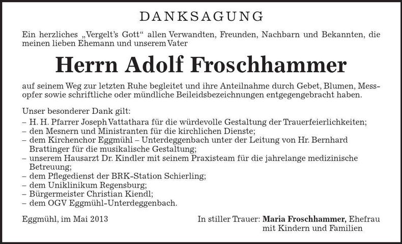 Traueranzeige Adolf Froschhammer