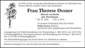 Traueranzeige Therese Ossner