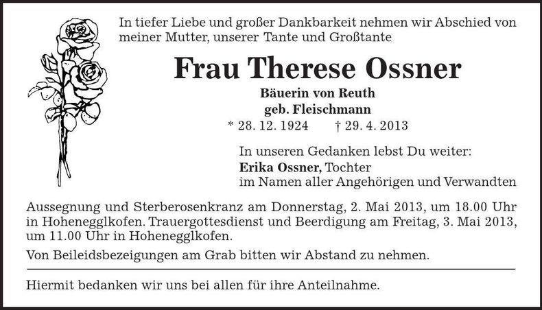 Traueranzeige Therese Ossner