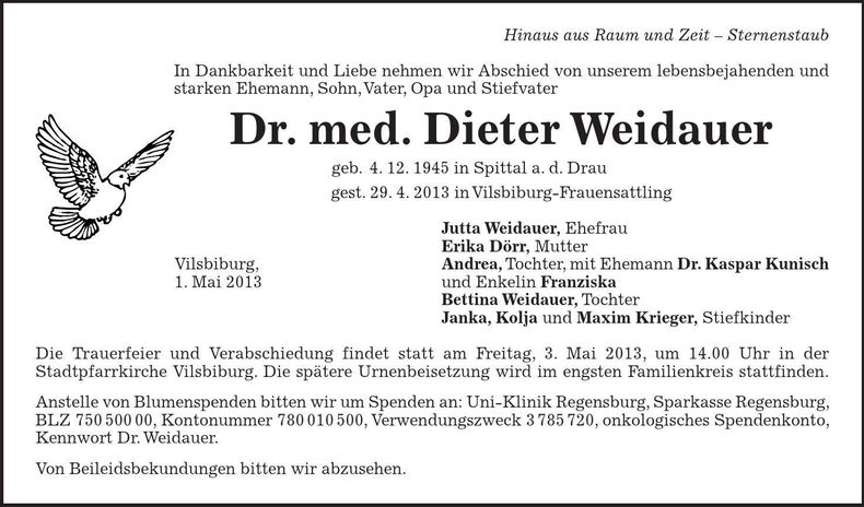 Traueranzeige Dieter Weidauer Dr.