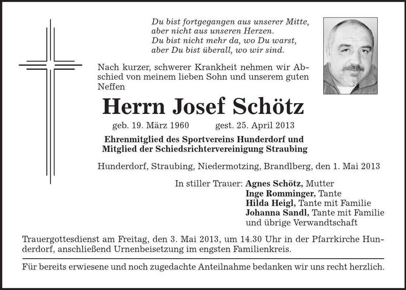 Traueranzeige Josef Schötz