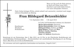 Traueranzeige Hildegard Betzenbichler