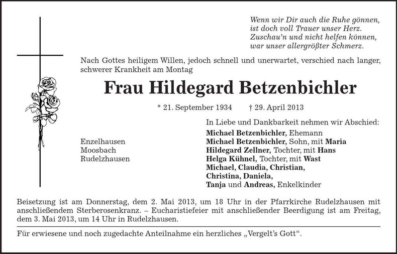 Traueranzeige Hildegard Betzenbichler