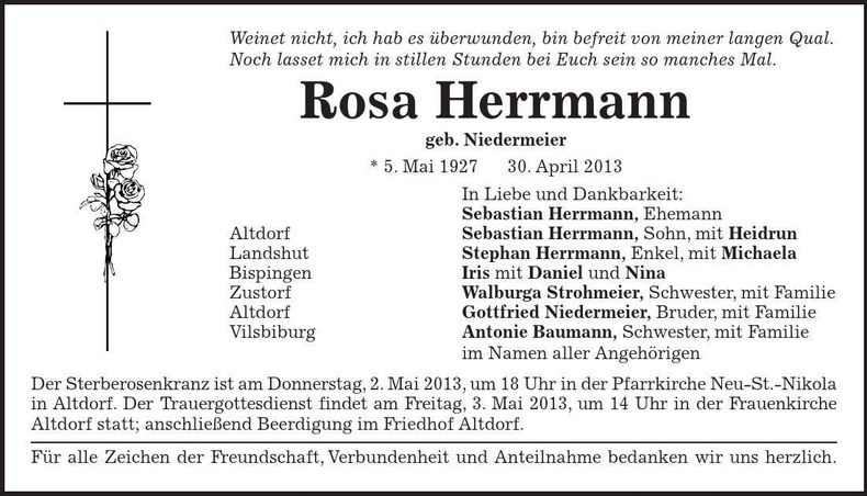 Traueranzeige Rosa Herrmann