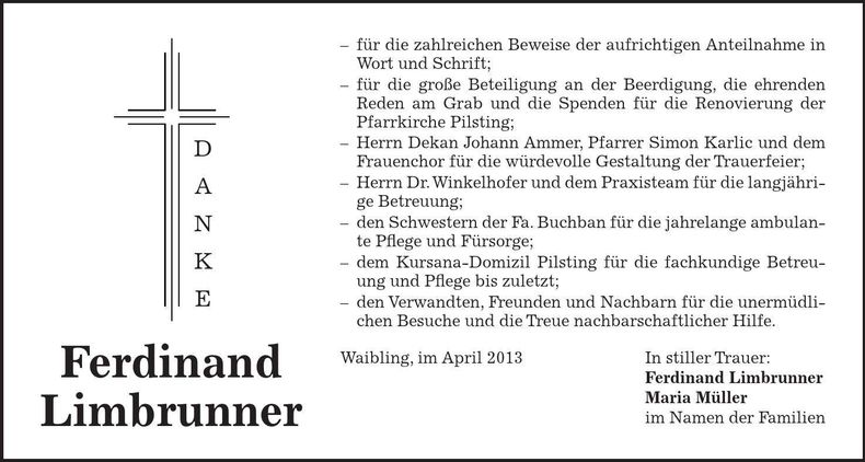 Traueranzeige Ferdinand Limbrunner