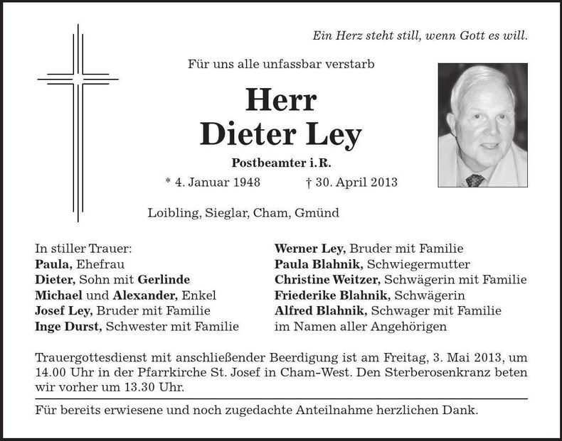 Traueranzeige Dieter Ley