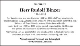 Traueranzeige Rudolf Binzer