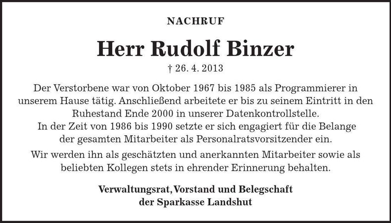 Traueranzeige Rudolf Binzer