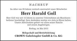 Traueranzeige Harald Goll