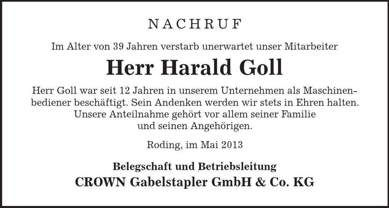 Traueranzeige Harald Goll