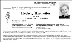 Traueranzeige Hedwig Hirtreiter