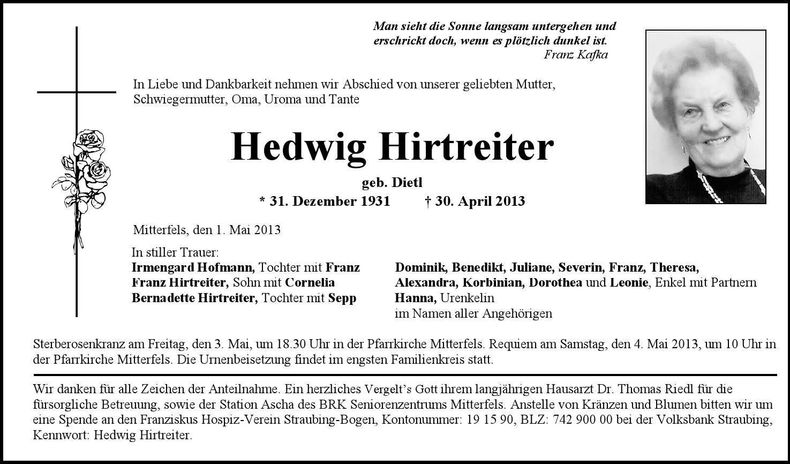 Traueranzeige Hedwig Hirtreiter