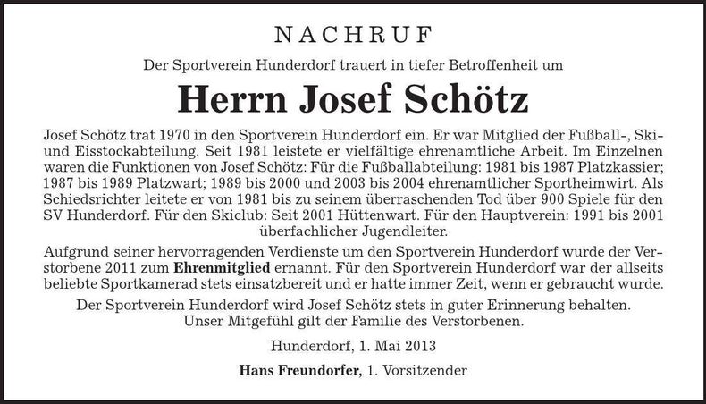 Traueranzeige Josef Schötz