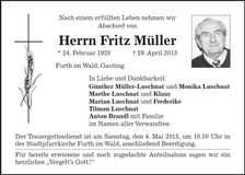 Traueranzeige Fritz Müller