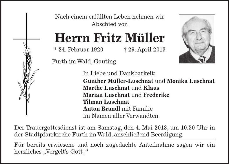 Traueranzeige Fritz Müller