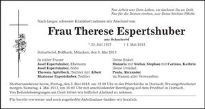Traueranzeige Therese Espertshuber