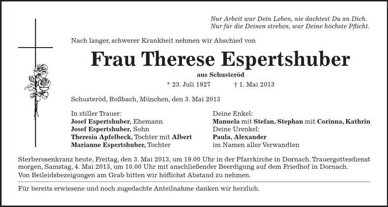 Traueranzeige Therese Espertshuber